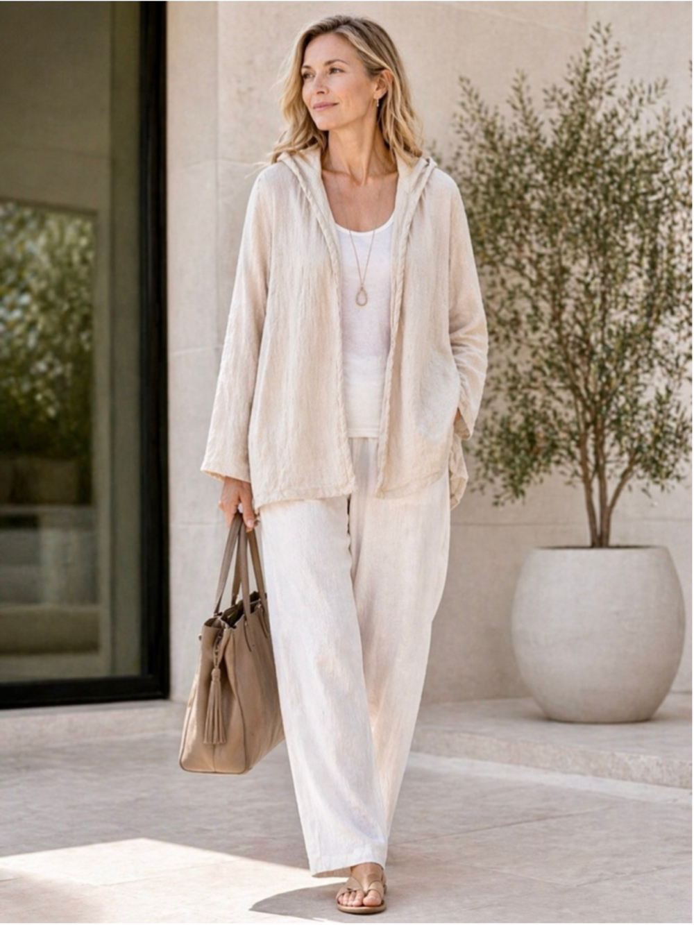 Eileen Fisher Cardigan Women's M Linen Hooded Resort Lagenlook Minimalist Beige